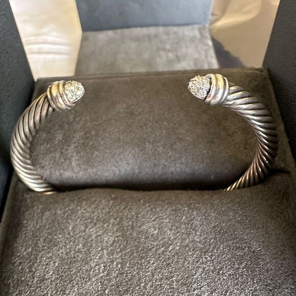 David Yurman 925 Sterling Silver 5mm Pave Diamond Cable Classic Bangle Bracelet - Picture 1 of 8